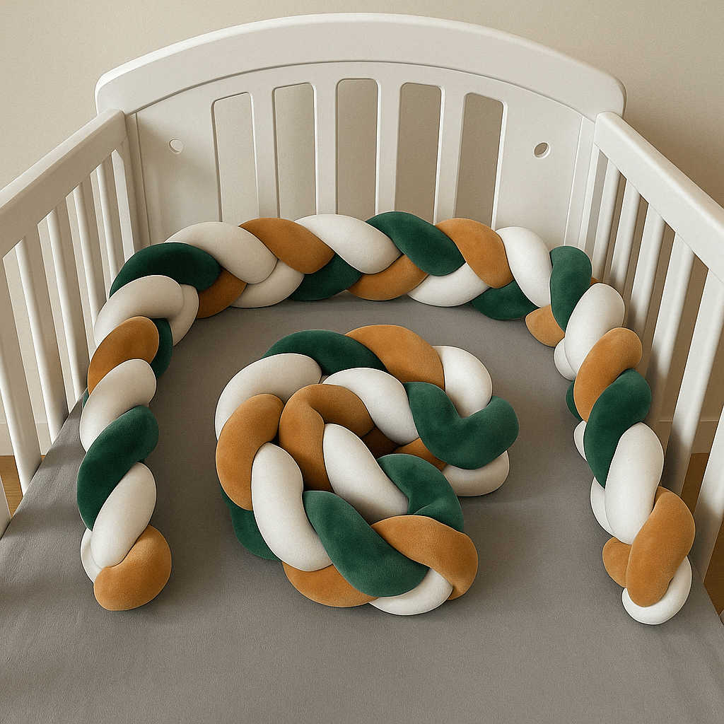 Tresse de lit vert blanc et marron dans un lit pour bébé