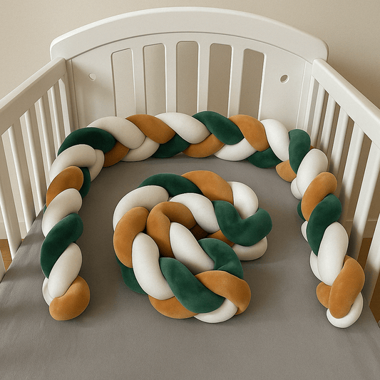 Tresse de lit vert blanc et marron dans un lit pour bébé
